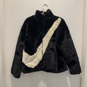 NWT Nike Swoosh Luxe Faux Fur Jacket Women's Small Black and White